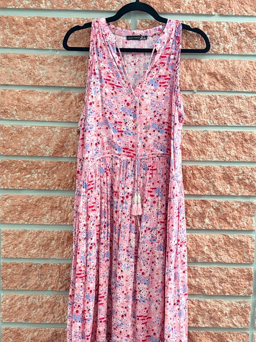 Sleeveless Pink Floral Tassel-Waist Maxi Dress